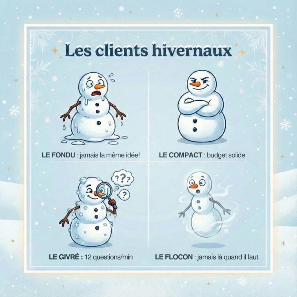 Les différents profils de clients immobiliers en hiver illustrés par des bonshommes de neige
